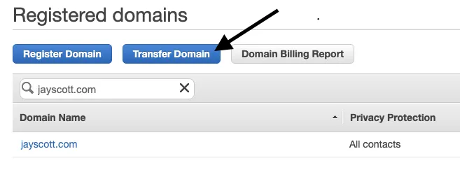 Transfer Domain in Route53 → Registered Domains screen