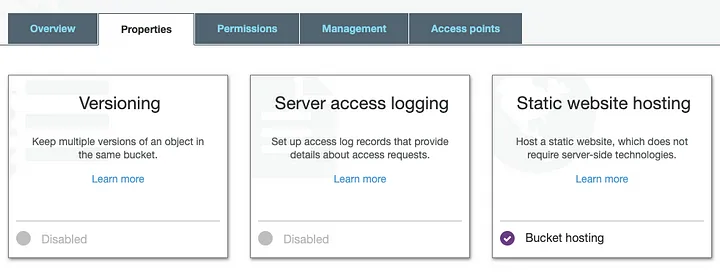 Find the Static website hosting settings in the S3 bucket Properties tab