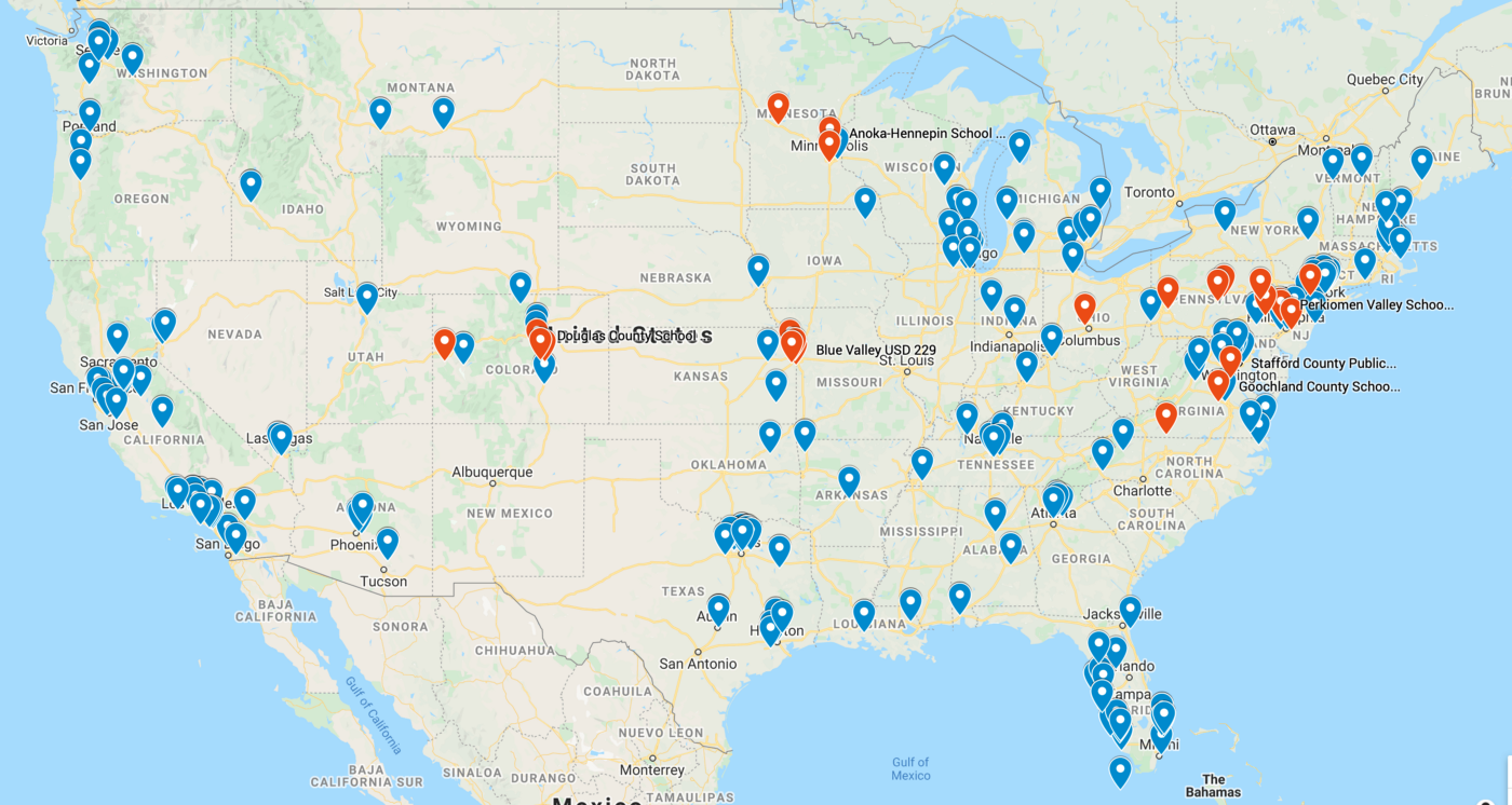 Where the 1776 Project PAC donors live (blue) vs. where the targeted districts are (red)